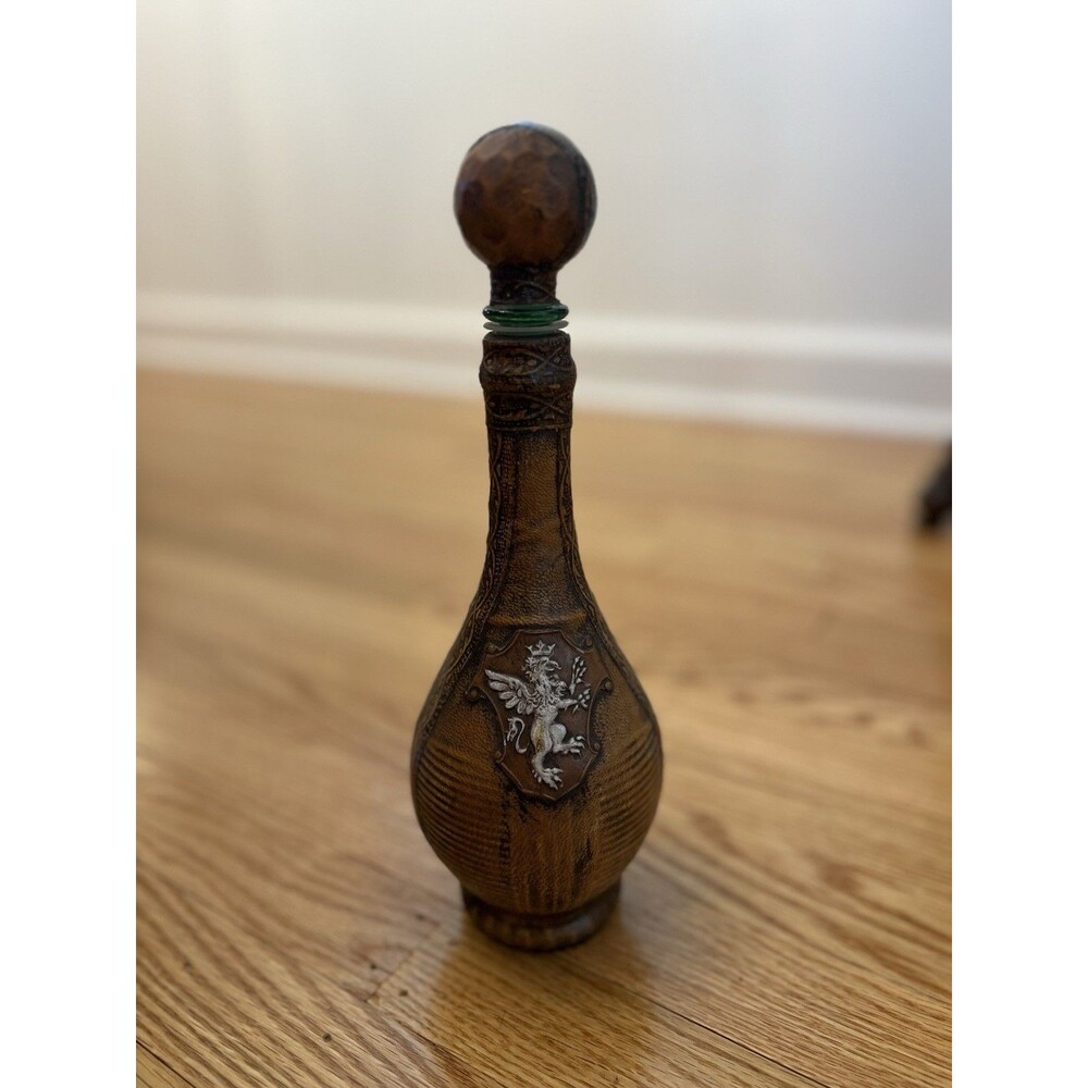 Italian Leather Wrapped Glass Decanter Wine Bottle Lion Pendant - EMPTY Vintage